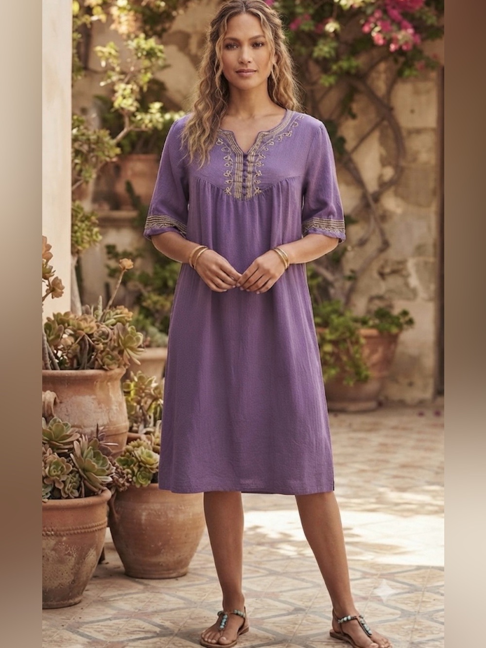 National purple boho hippie dress yellow embroidery along the v-neck oversized S